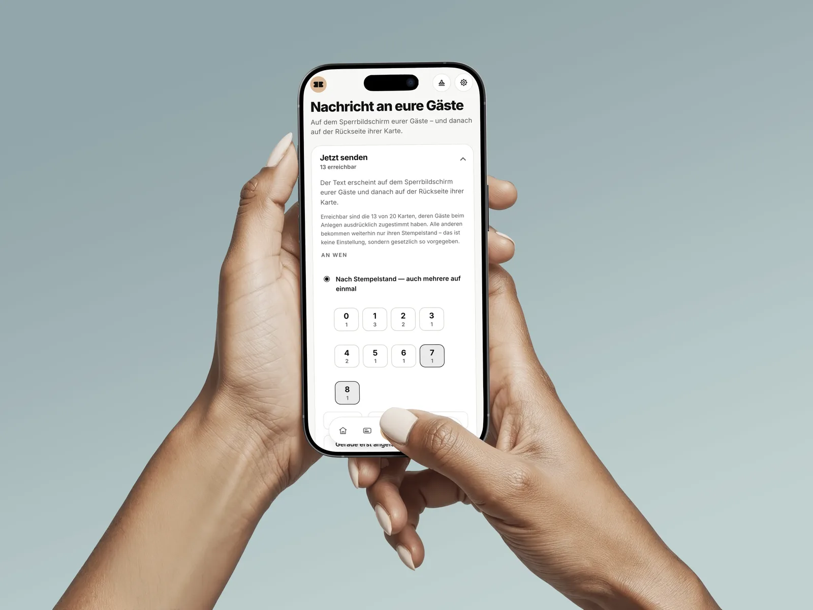 Nachricht an eure Gäste: Auf dem Handy werden Empfänger nach ihrem Stempelstand ausgewählt